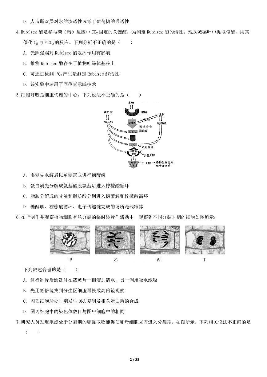 2020北京房山區(qū)高三二模生物試題及答案第2頁