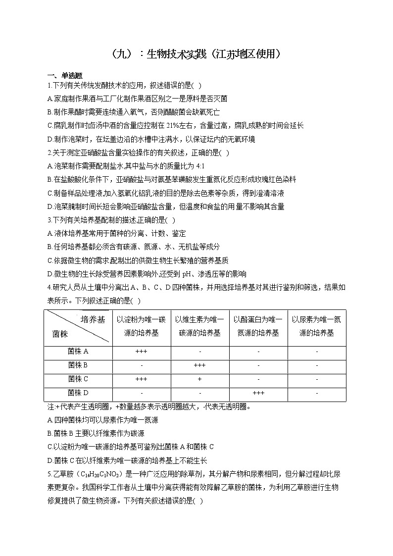 新課標(biāo)新高考2022屆高考生物二輪復(fù)習(xí)專題練（九）：生物技術(shù)實(shí)踐（江蘇地區(qū)使用）第1頁
