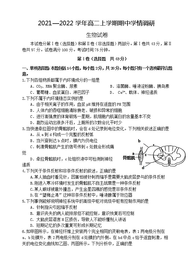 江苏省高邮市2021-2022学年高二上学期期中生物【试卷+答案】01