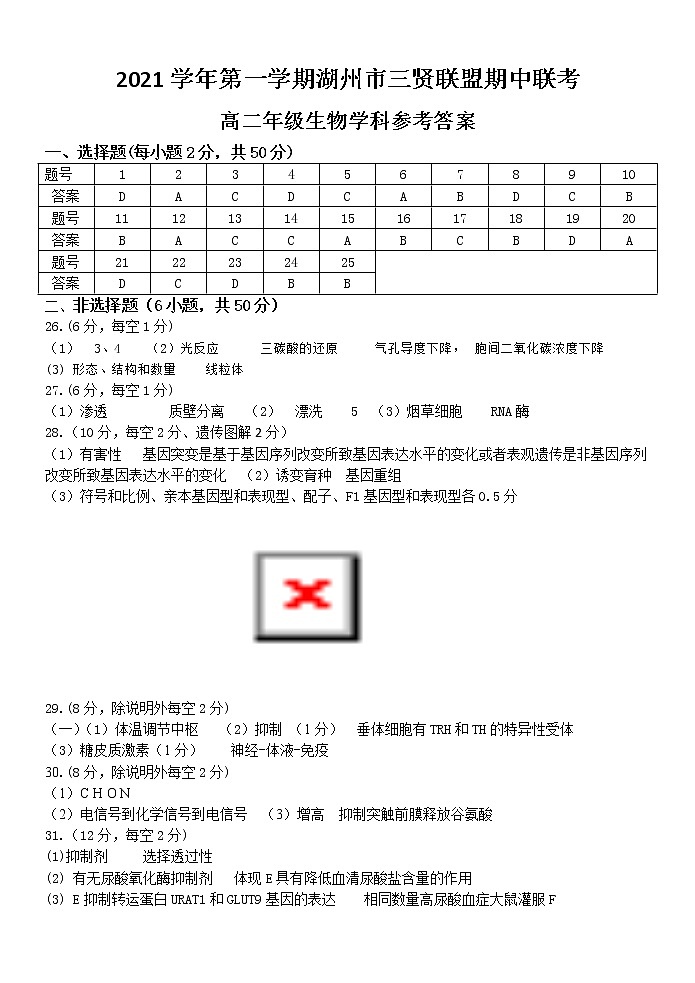 高二生物参考答案2021学年第一学期湖州市三贤联盟期中联考第1页