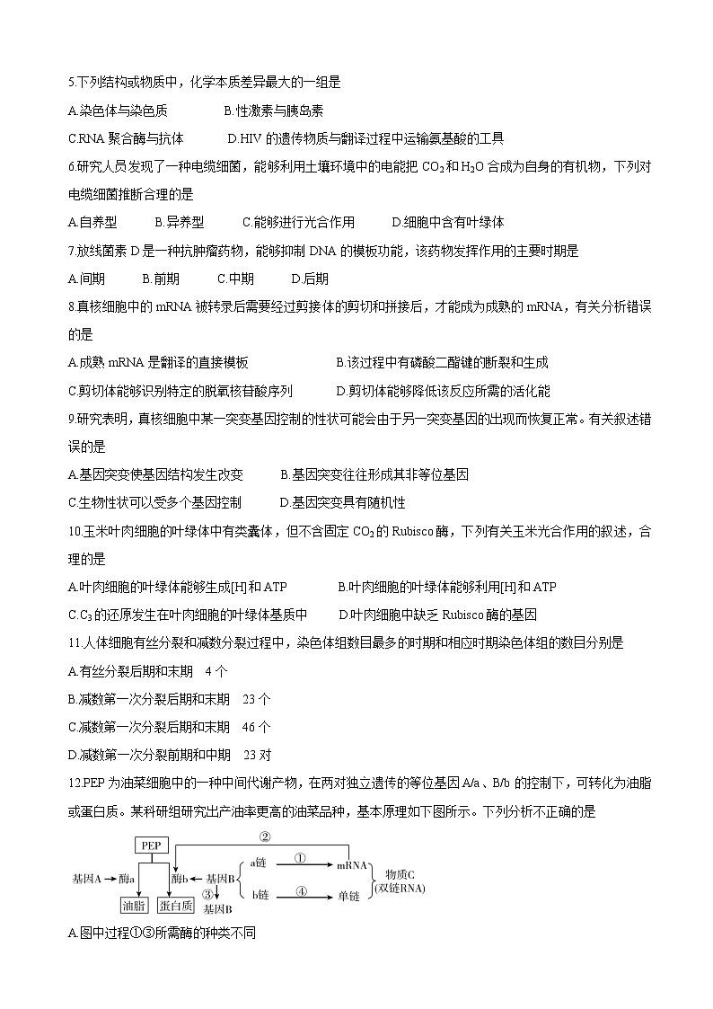 2022届广东省肇庆市高三上学期第一次统一检测(10月) 生物(word版含有答案)02