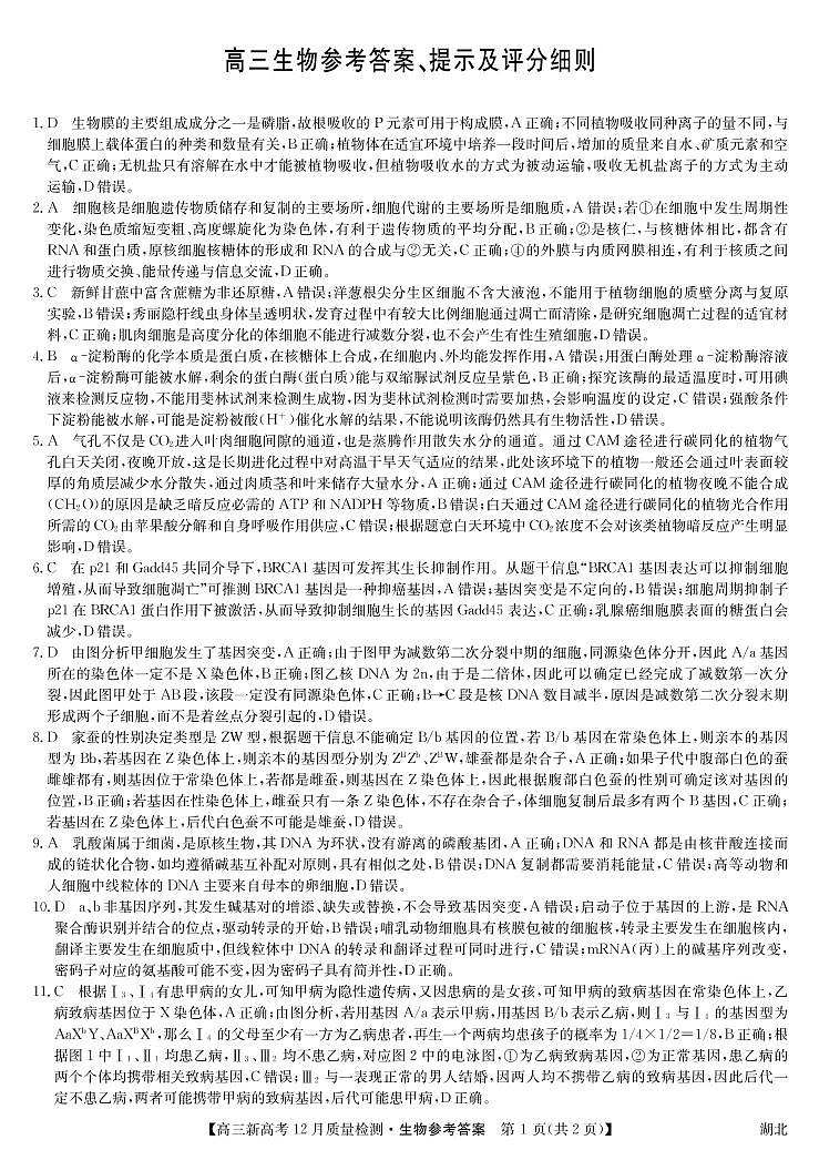 2021年湖北省新高考联考协作体高三12月联考政治试题(图片版含答案)生物答案第1页