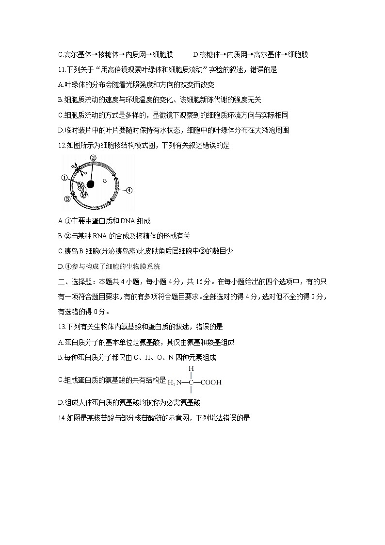 湖南省天壹名校联盟2021-2022学年高一上学期期中考试生物含答案03