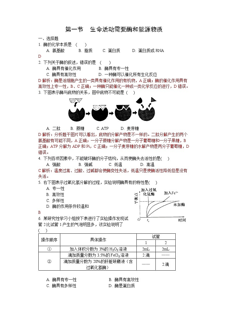 3.1 生命活動需要酶和能源物質(zhì)（練習(xí)）（解析版）第1頁