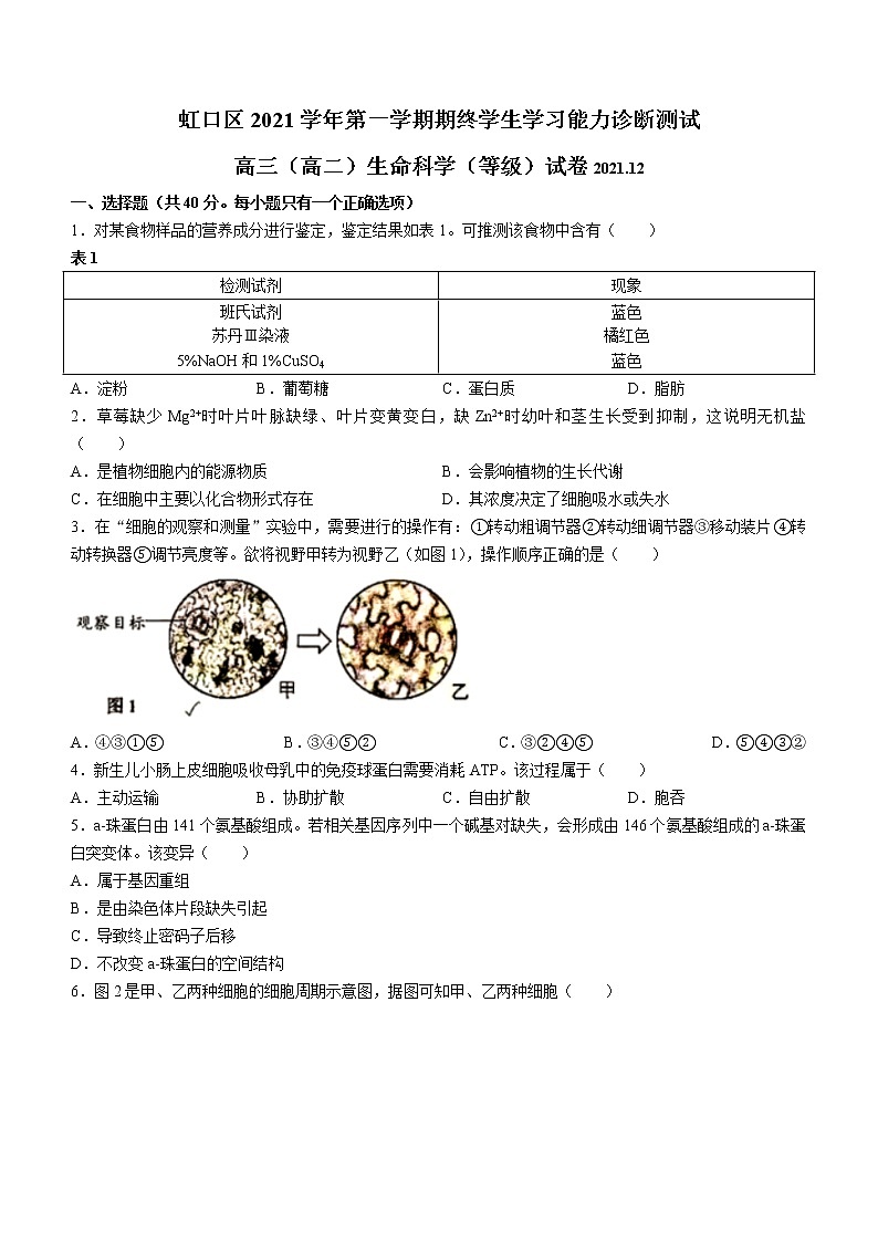 生物 2022届上海市虹口区高三(高二)一模生物试题第1页