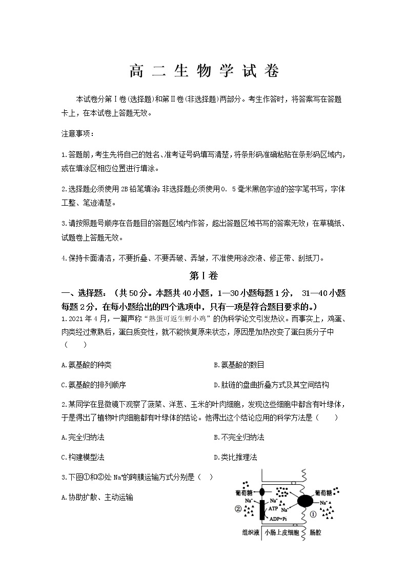 黑龙江省齐齐哈尔市2021-2022学年高二上学期期末考试生物试题含答案01