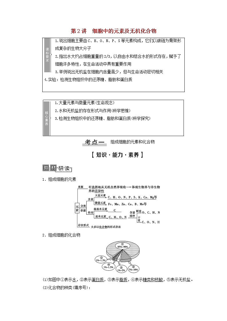 高考生物一轮复习第1单元细胞及其分子组成第2讲细胞中的元素及无机化合物学案第1页