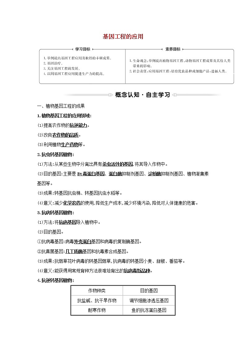 高中生物專題1基因工程3基因工程的應(yīng)用學(xué)案新人教版選修3第1頁