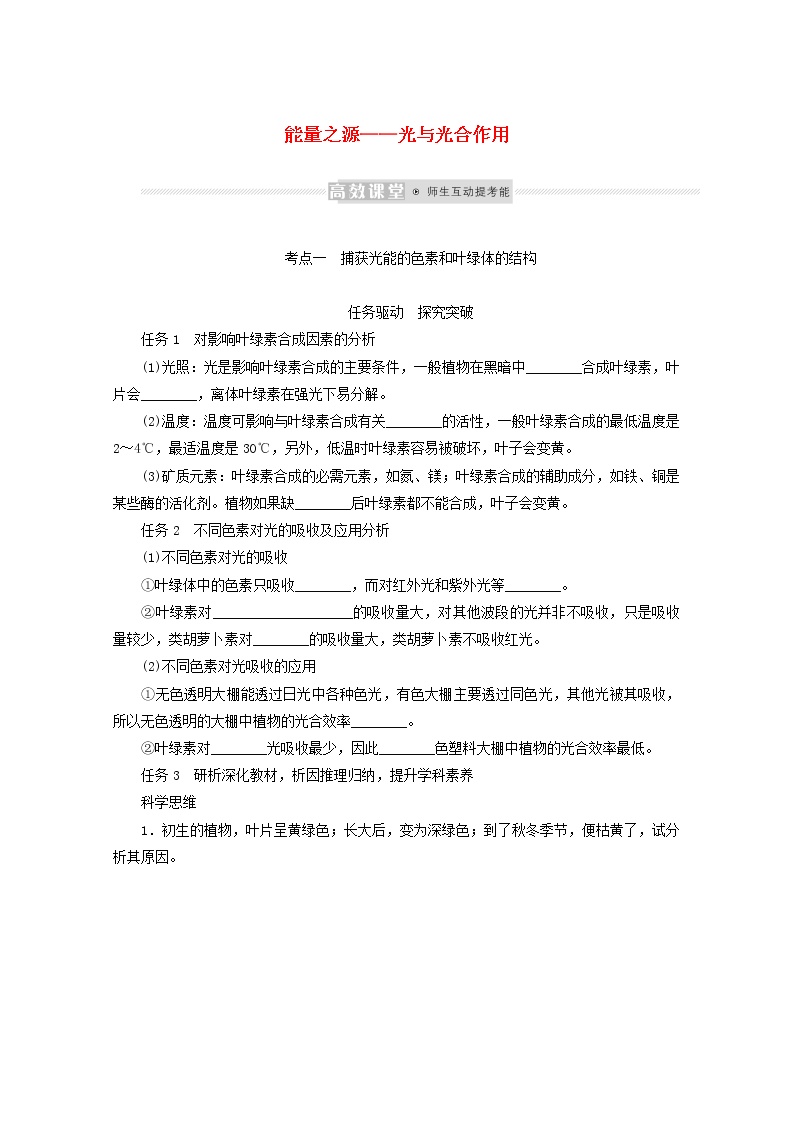 新教材高考生物一轮复习第三单元细胞的能量供应和利用3能量之源__光与光合作用学案必修1