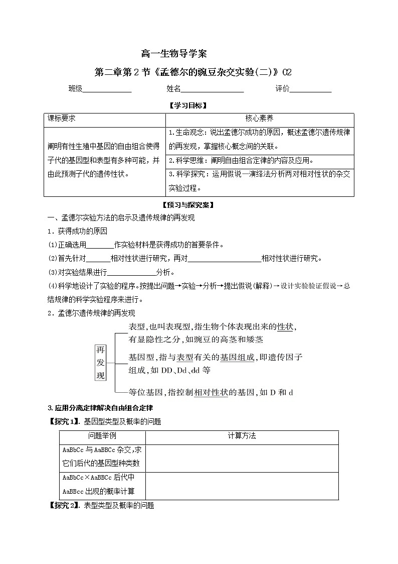 1.2《孟德尔的豌豆杂交实验(二)》02导学案【新教材】2020-2021学年高一生物人教版(2019)必修二01
