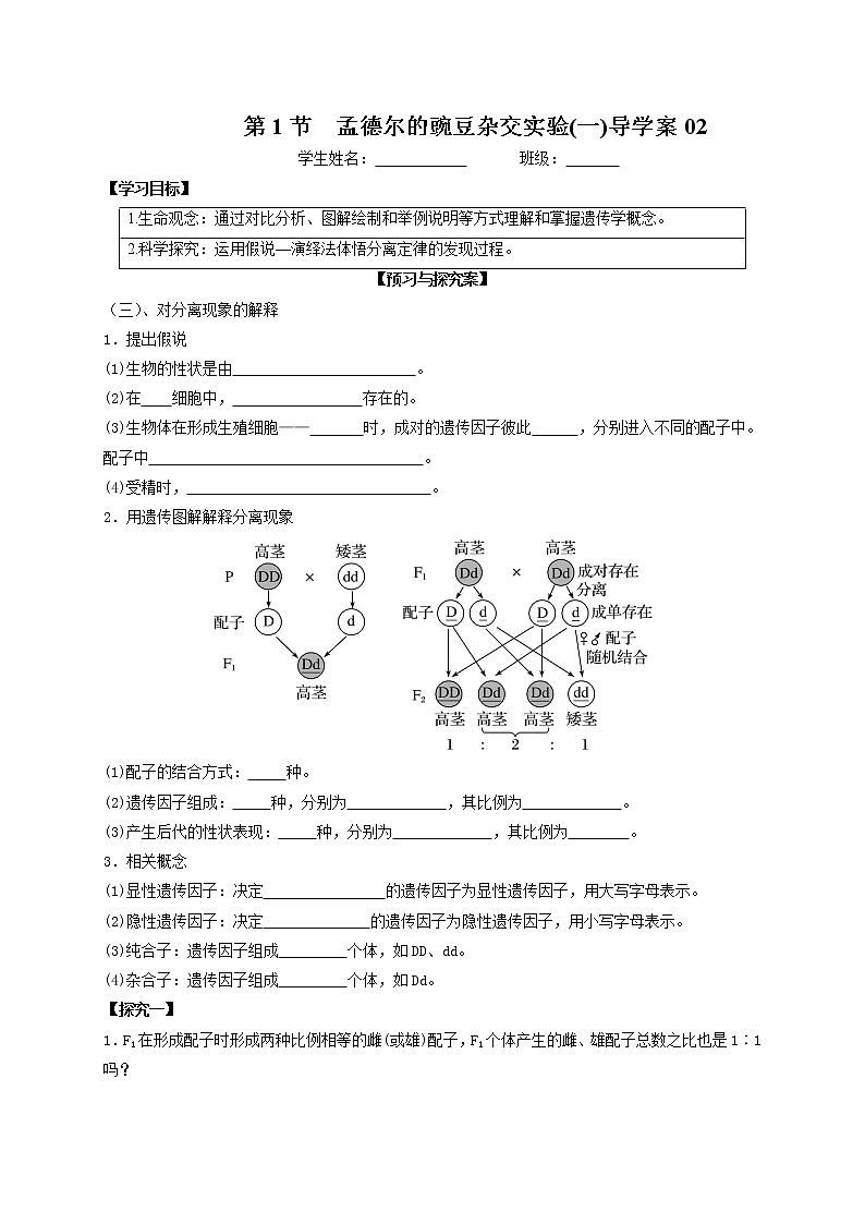 1.1《孟德尔的豌豆杂交实验(一)》2导学案【新教材】2020-2021学年高一生物人教版(2019)必修二第1页