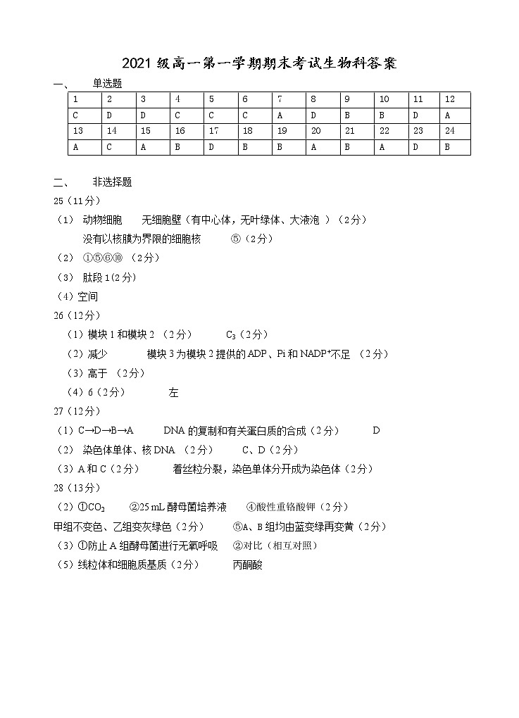 广东省汕头市金山中学2021-2022学年高一上学期期末考试生物含答案01