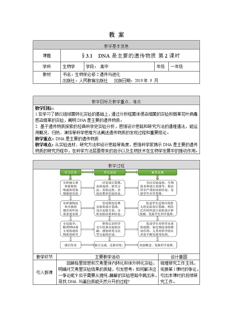 高一生物学(人教版2019)必修二 DNA是主要的遗传物质(2)课件+教案+导学案+学习任务单+同步练习含答案01