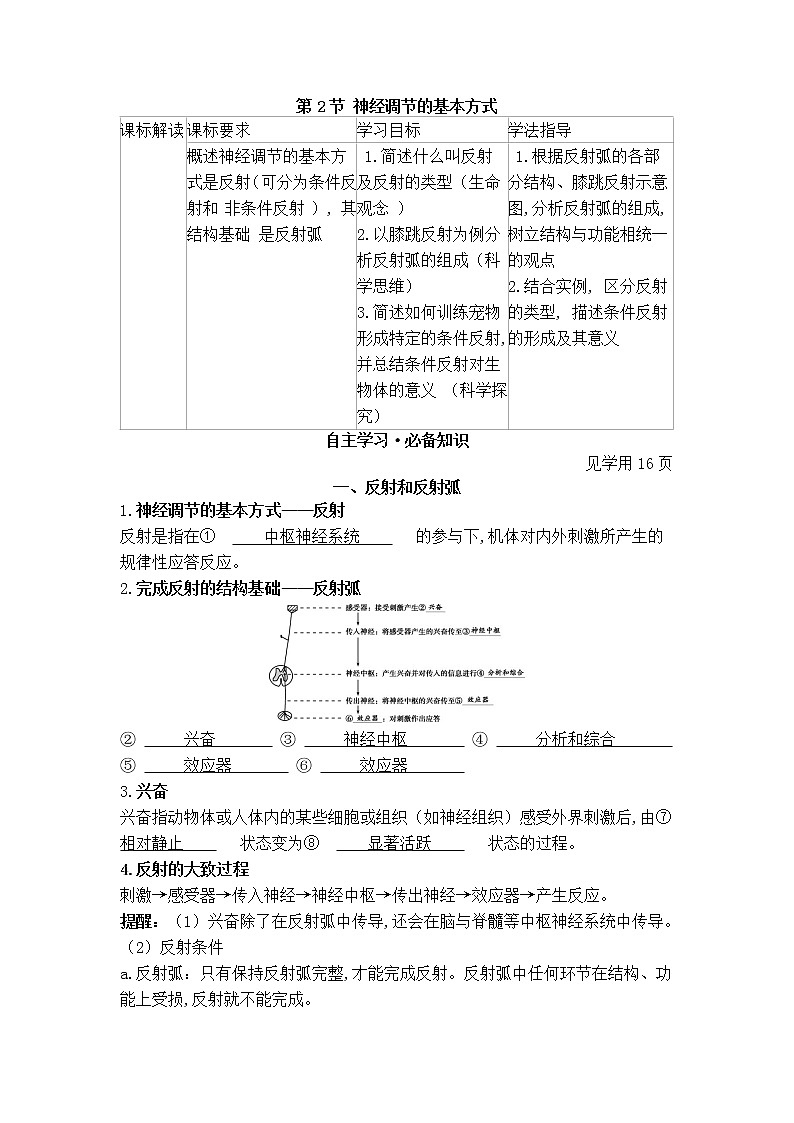 2021-2022学年新人教版生物选择性必修1 第2章 第2节 神经调节的基本方式 学案01
