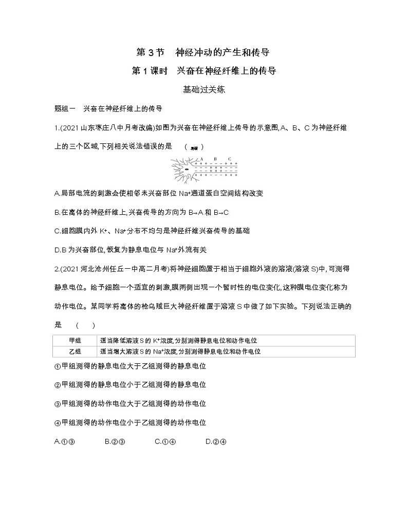 第1课时 兴奋在神经纤维上的传导-2022版生物选择性必修1人教版(2019) 同步练习 (Word含解析)第1页