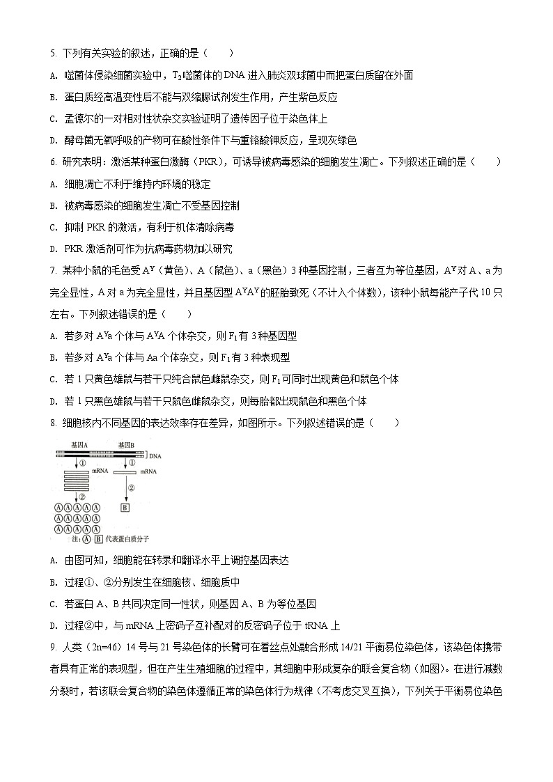 2022届河北省石家庄市高三上学期毕业班教学质量检测(一)生物试题(word版)第2页