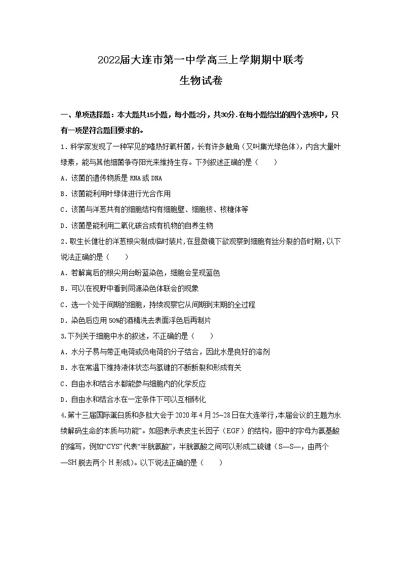 2022届大连市第一中学高三上学期期中联考生物试卷含答案第1页