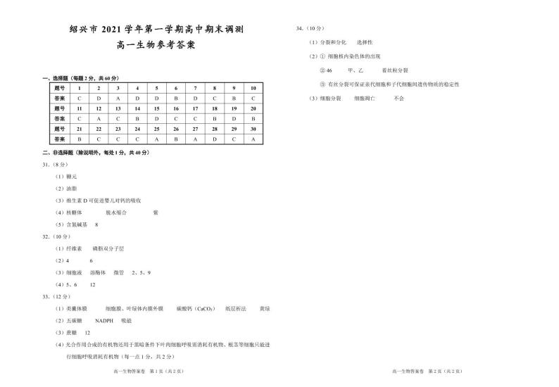 浙江省绍兴市2021-2022学年高一上学期期末调测生物PDF版含答案01