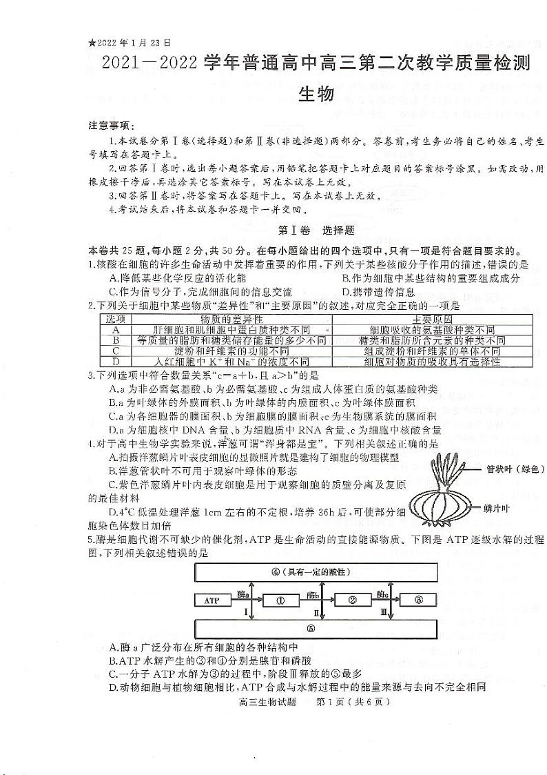 河南省信阳市2022届高三第二次教学质量检测生物试卷含答案01