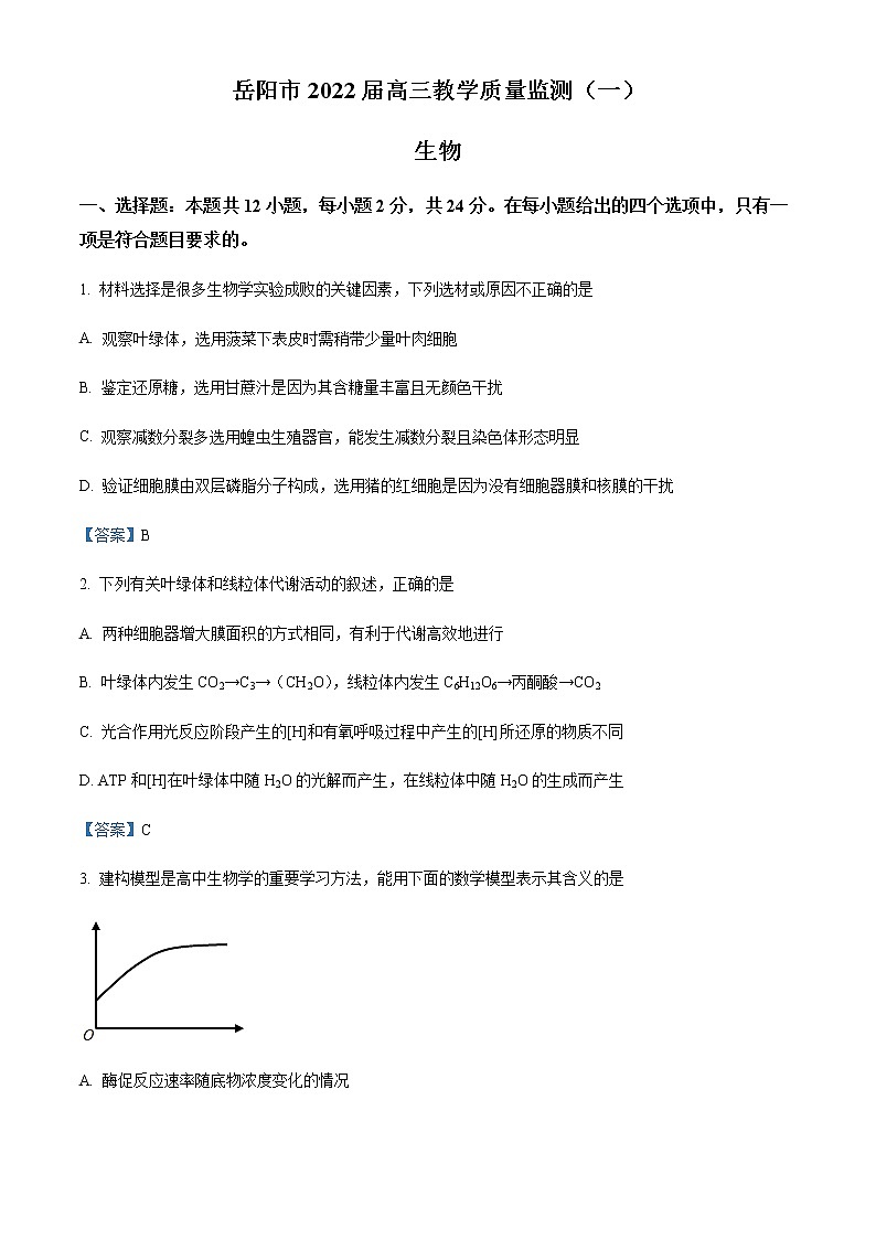 2022届湖南省岳阳市高三教学质量监测生物试题(一模)(含答案)01