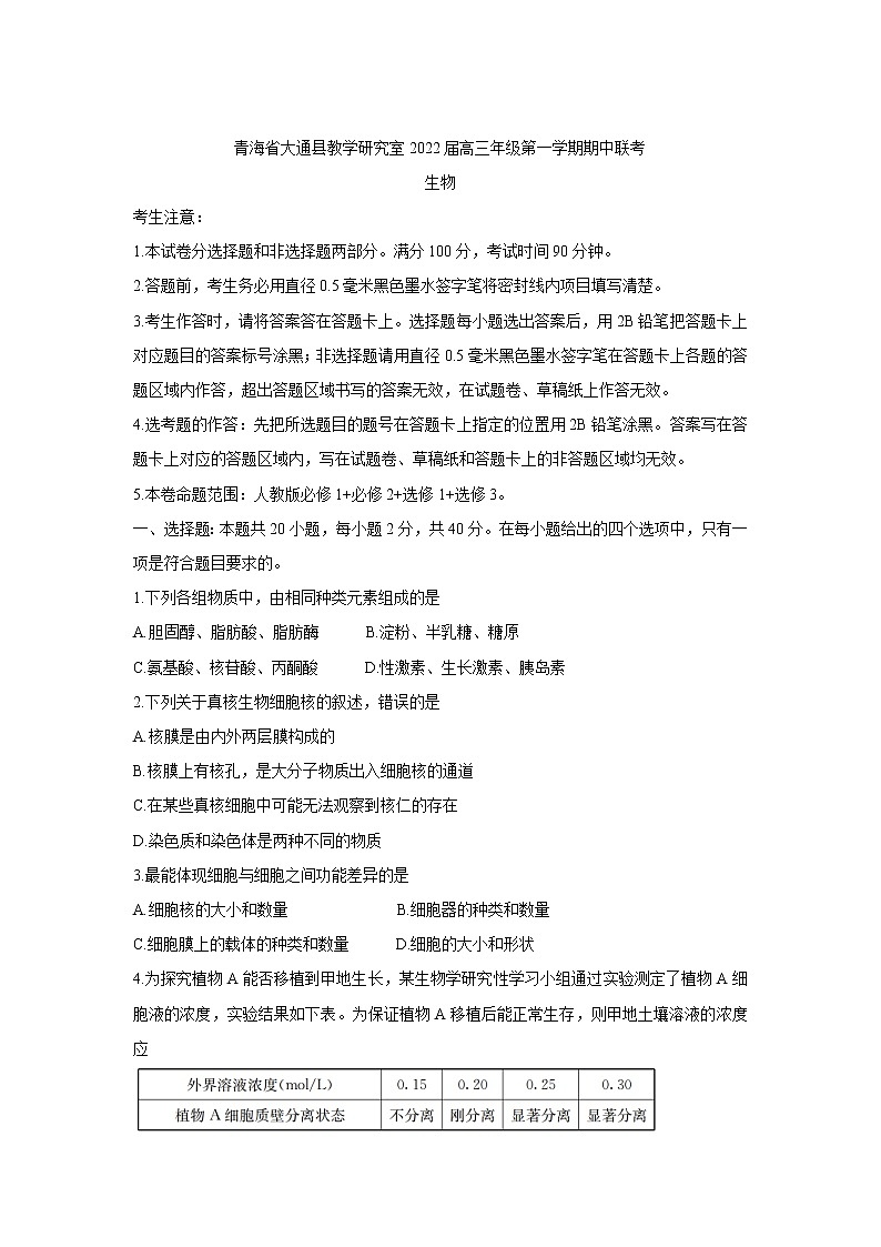 青海省西宁市大通回族土族自治县2022届高三上学期期中考试生物含答案第1页