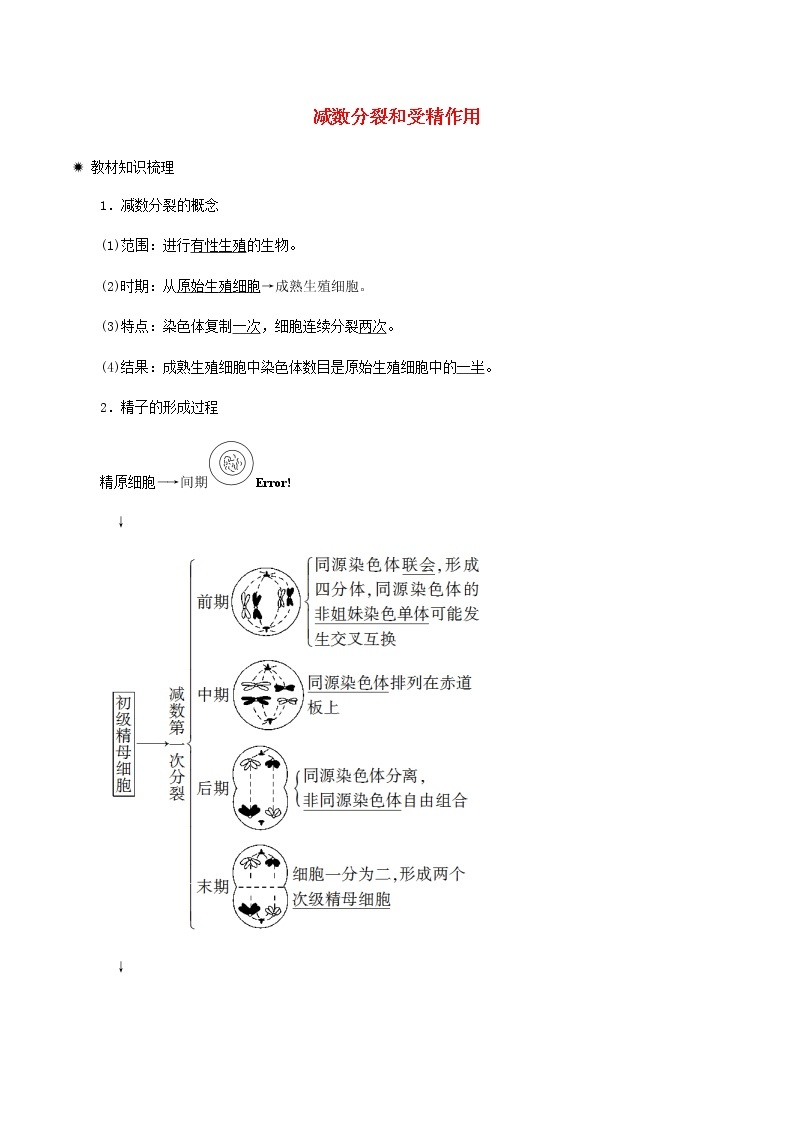 高一生物寒假作业同步练习题减数分裂和受精作用含解析01