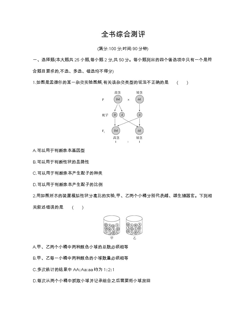 全书综合测评-2022版生物必修第二册 浙科版(2019) 同步练习 (Word含解析)第1页