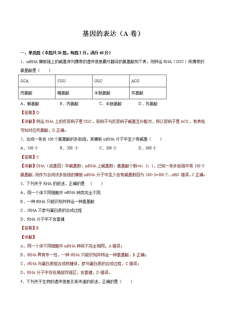 专题05 基因的表达(A卷)(解析版) 练习 高中生物新人教版必修2(2022年)第1页