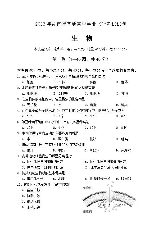 2013年湖南省学业水平考试生物试卷（word版含答案）