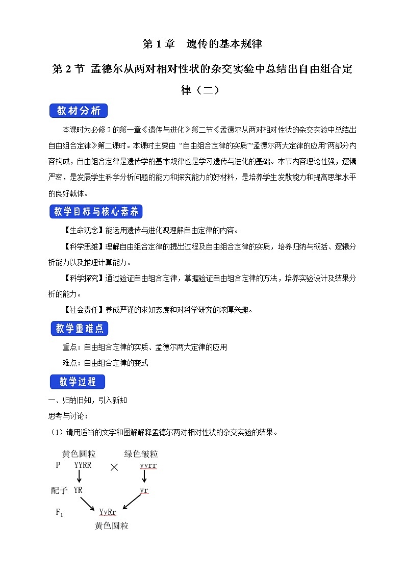 1.2.2 孟德尔从两对相对性状的杂交实验中总结出自由组合定律 教学设计-浙科版高中生物必修2遗传与进化第1页