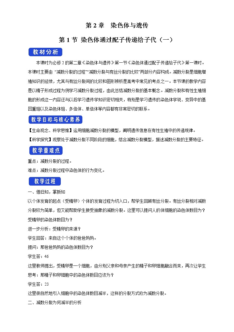 2.1.1 染色体通过配子传递给子代 教学设计-浙科版高中生物必修2遗传与进化01