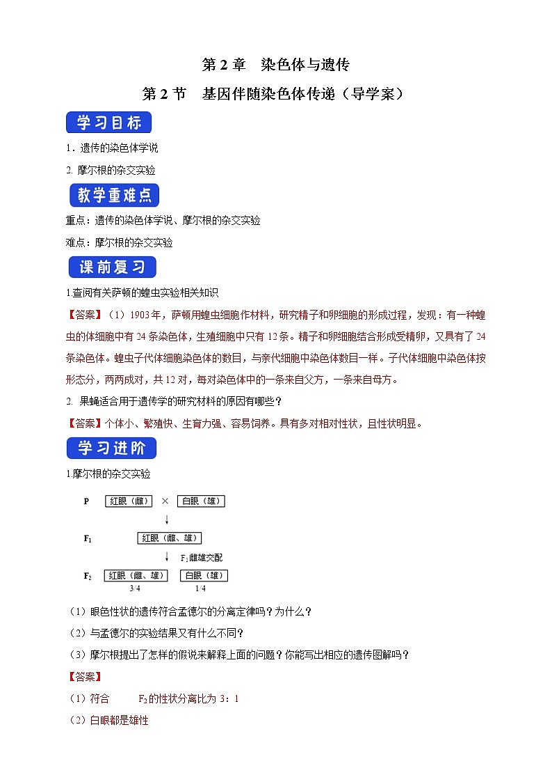 2.2 基因伴随染色体传递 导学案-浙科版高中生物必修2遗传与进化第1页