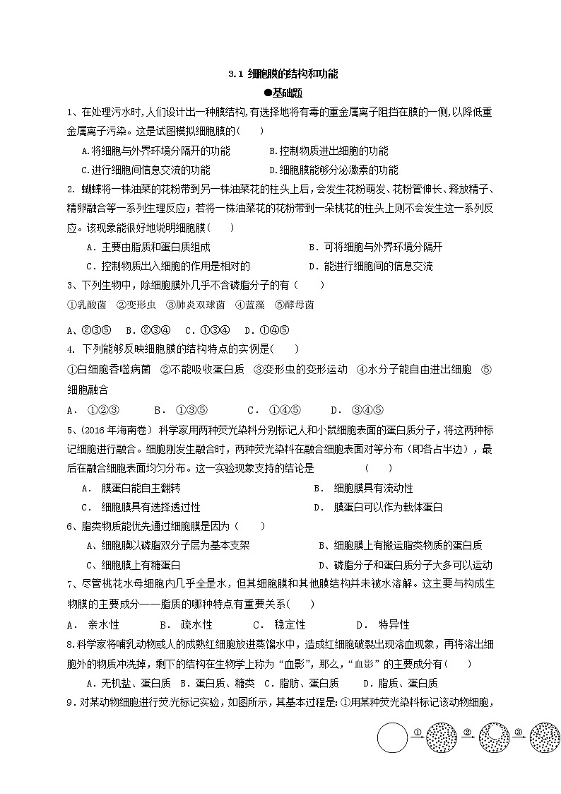 3.1 细胞膜的结构和功能 练习【新教材】人教版(2019)高中生物必修一01