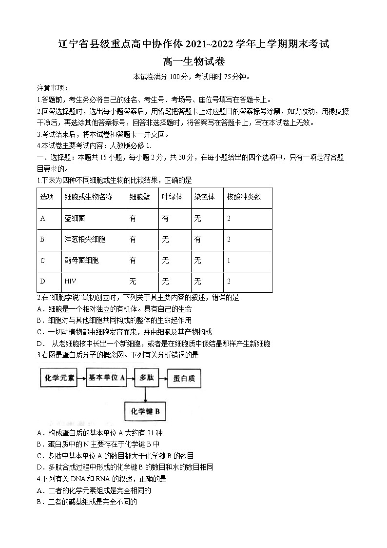 辽宁省县级重点高中协作体2021-2022学年高一上学期期末生物试题01