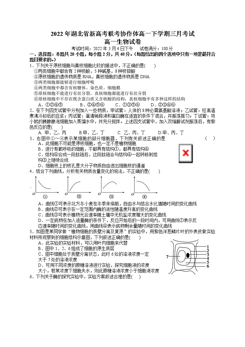 湖北省新高考联考协作体2021-2022学年高一下学期3月考试生物试题含解析第1页