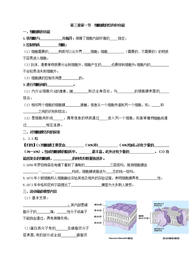 3.1 细胞膜的结构和功能 学案【新教材】人教版（2019）高中生物必修一01