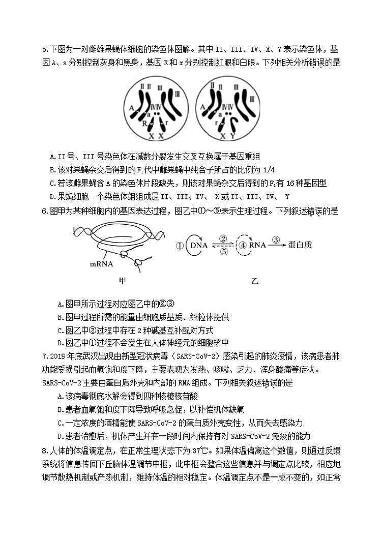 天津市河北区2020届高三总复习质量检测二(二模)生物试题含答案第2页