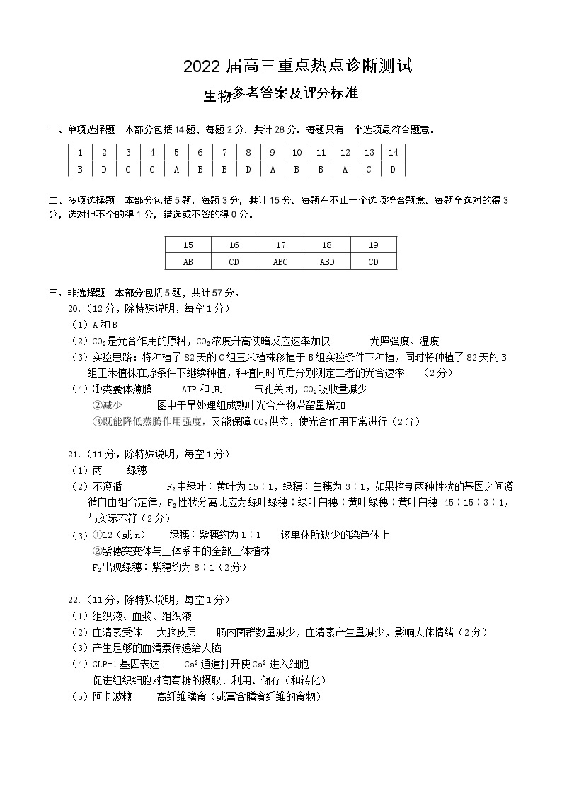 2022届江苏省新高考基地学校高三下学期第三次大联考试题（3月） 生物 PDF版01