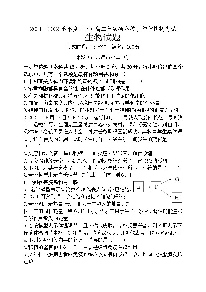 辽宁省六校协作体2021-2022学年高二下学期期初考试 生物试题 Word版无答案第1页