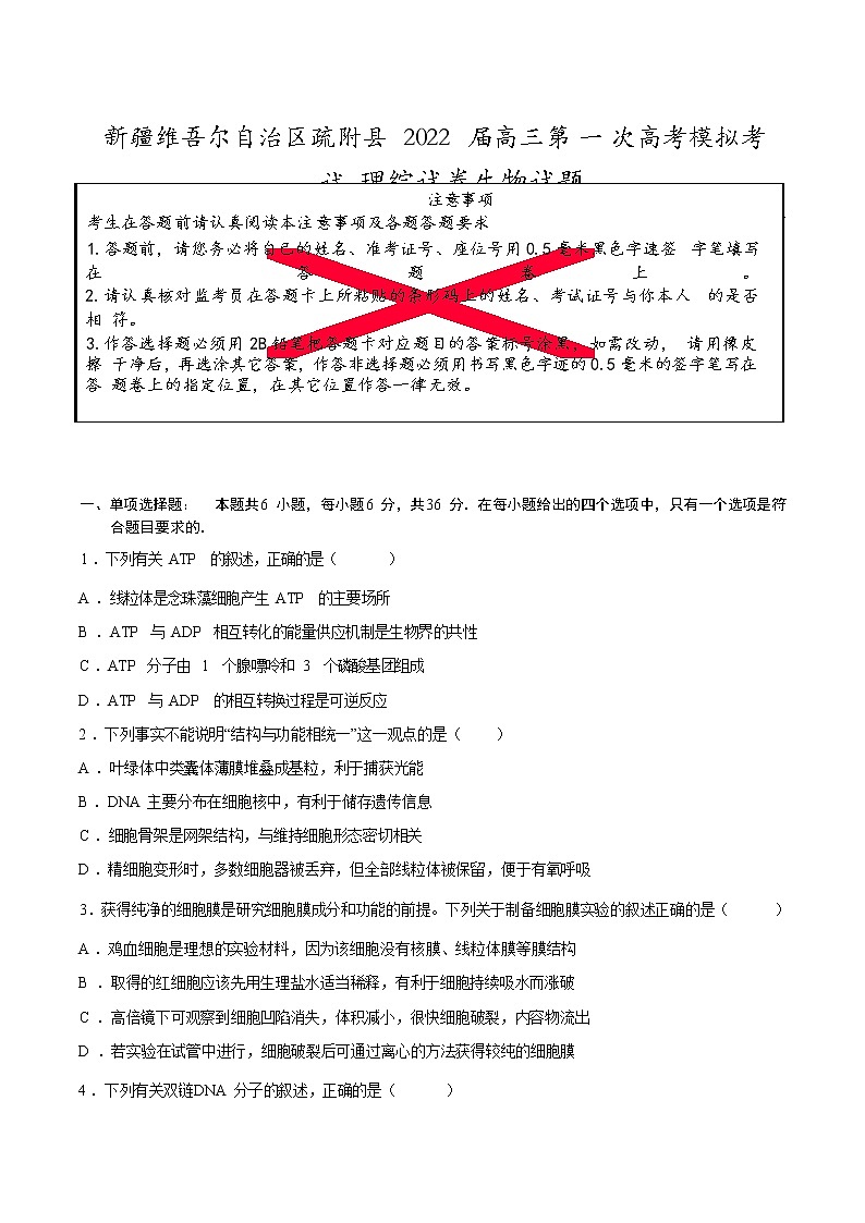 新疆喀什地区疏附县2022届高三下学期3月一模考试生物试题含答案01