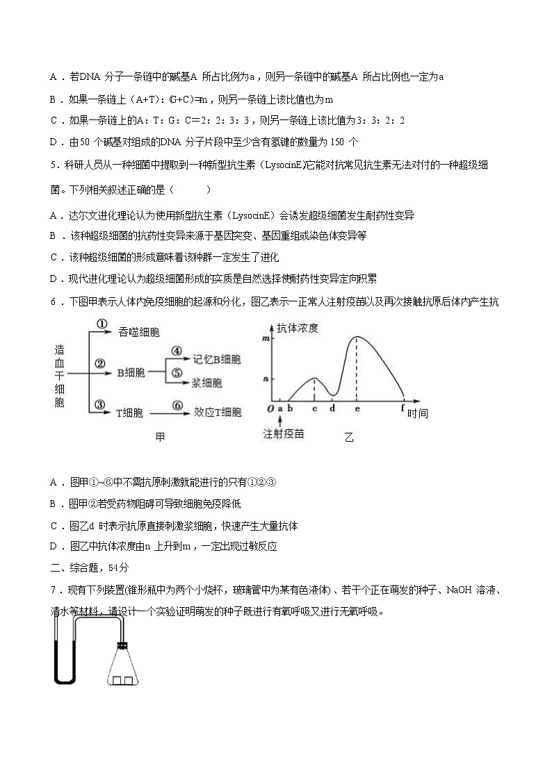 新疆喀什地区疏附县2022届高三下学期3月一模考试生物试题含答案02
