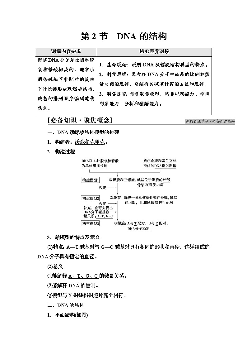 2021-2022学年高中生物新人教版必修第二册 第3章 第2节 DNA的结构 学案第1页