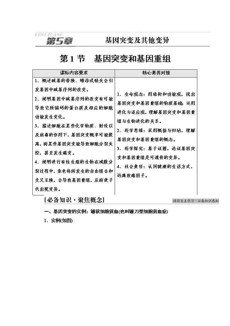 2021-2022学年高中生物新人教版必修第二册 第5章 第1节 基因突变和基因重组 学案第1页