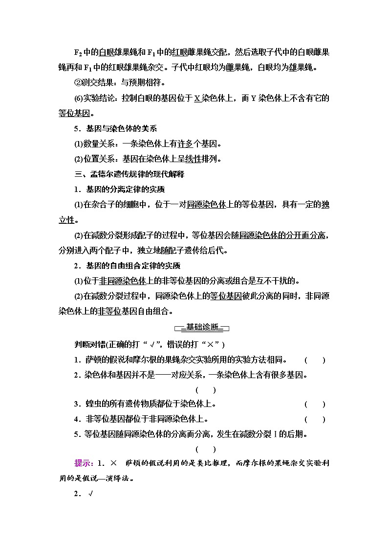 2021-2022学年高中生物新人教版必修第二册 第2章 第2节 基因在染色体上 学案第3页