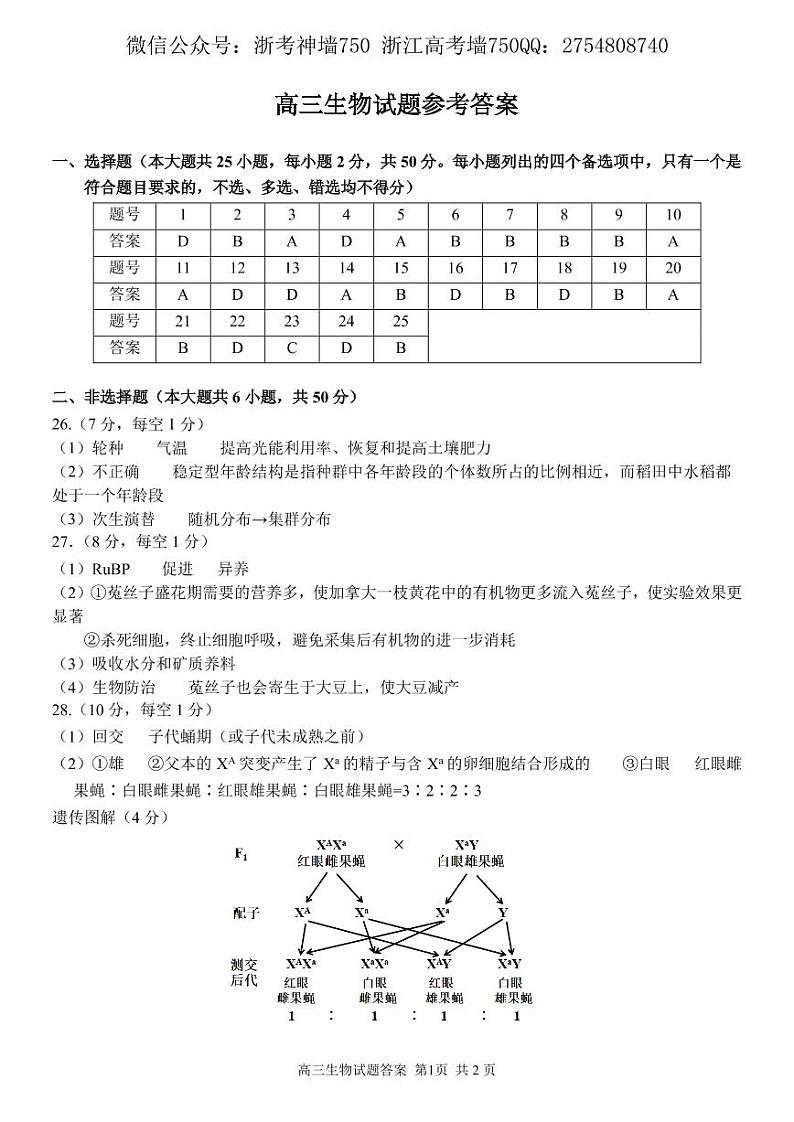2022浙江省金丽衢十二校、七彩阳光联盟高三下学期3月阶段性联考生物试题PDF版含解析01
