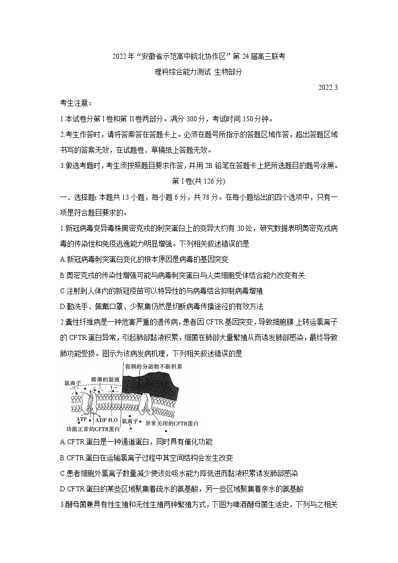 2022安徽省示范高中皖北协作区高三下学期3月联考试题(第24届)生物含答案第1页