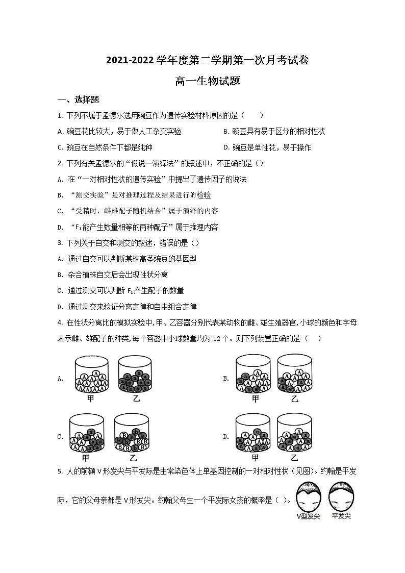 2022滁州定远县育才学校高一下学期第一次月考生物试题含答案第1页
