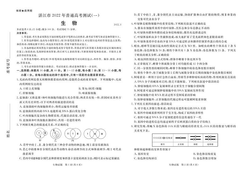 2022届广东省湛江市高三下学期3月一模试题(肇庆三模)生物PDF版含答案01