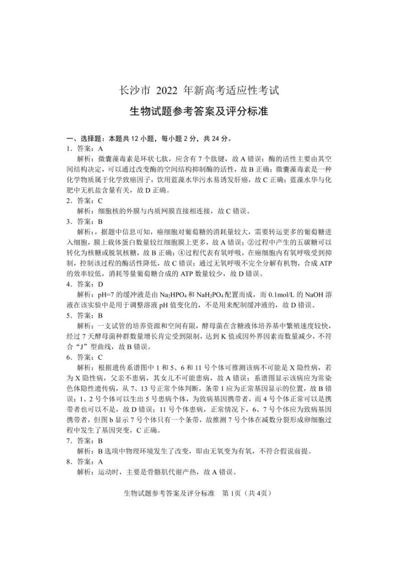 2022届湖南省长沙市高三新高考适应性考试（1月）生物试题PDF版含答案01