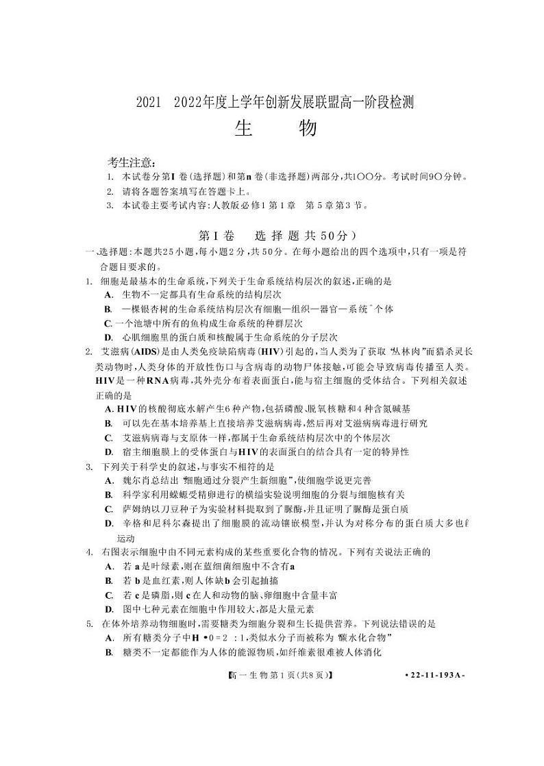 2021-2022学年河南省洛阳市创新发展联盟高一上学期第二次联考生物试卷 PDF第1页